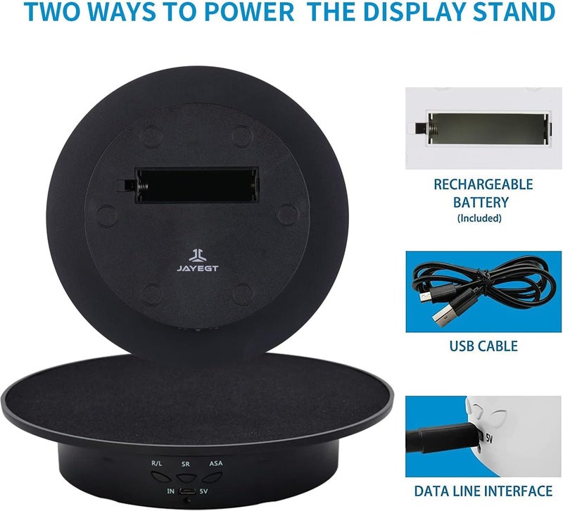 JAYEGT Motorized Rotating Display Stand, 7.87inch /17.6lbs Load, 360 Degree Electric Rotating Turntable for Photography Products, Jewelry, 3D Model ,with 5 Colors Backgrounds- Black - Image 2